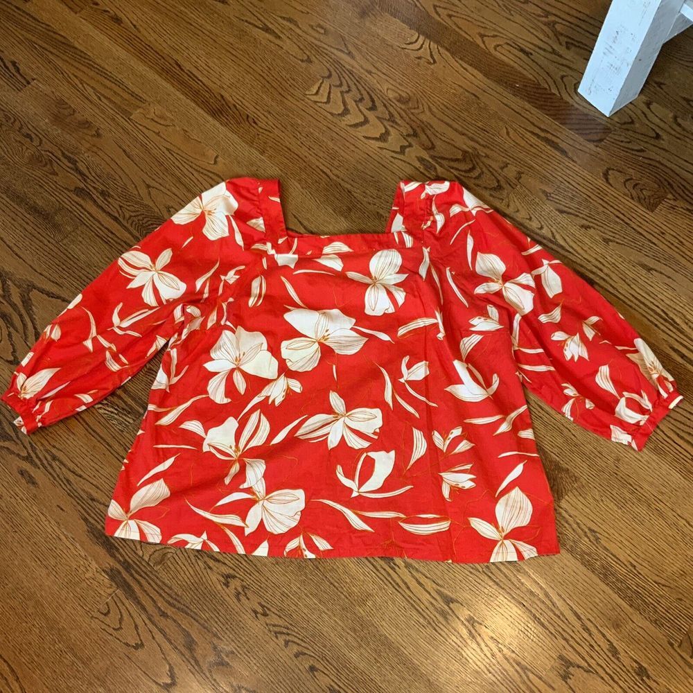 Ava & Viv Top Plus Size 2X Floral Tunic 3/4 Sleeve Pullover Cotton Linen Red